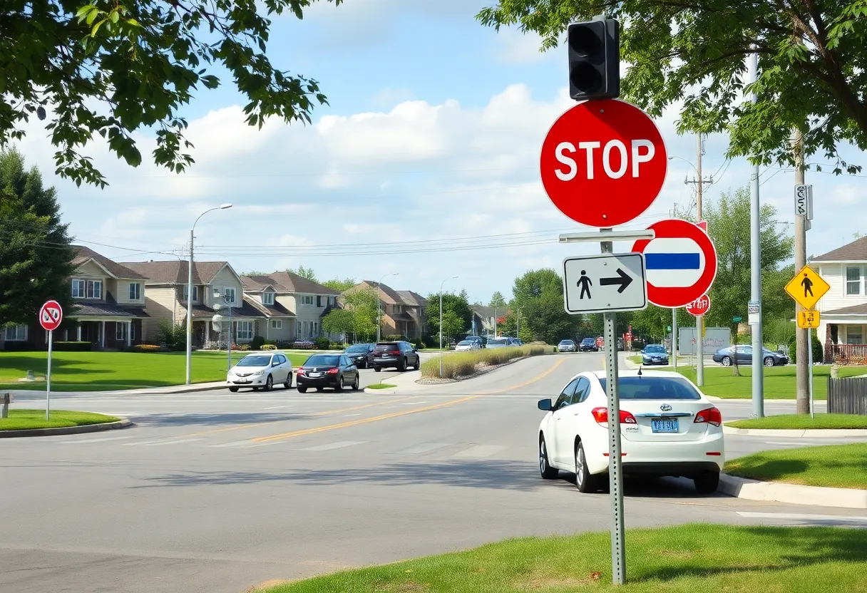 Intersection in East Hempfield Township showing vehicles and pedestrian safety signage.