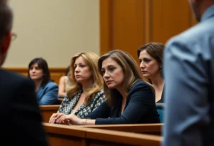 Courtroom scene illustrating the seriousness of harassment cases