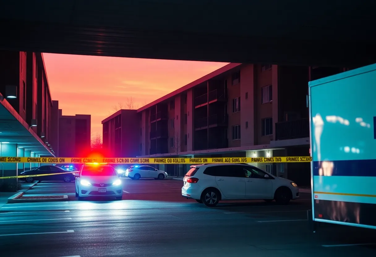 Police vehicles and crime scene tape in an apartment complex parking garage