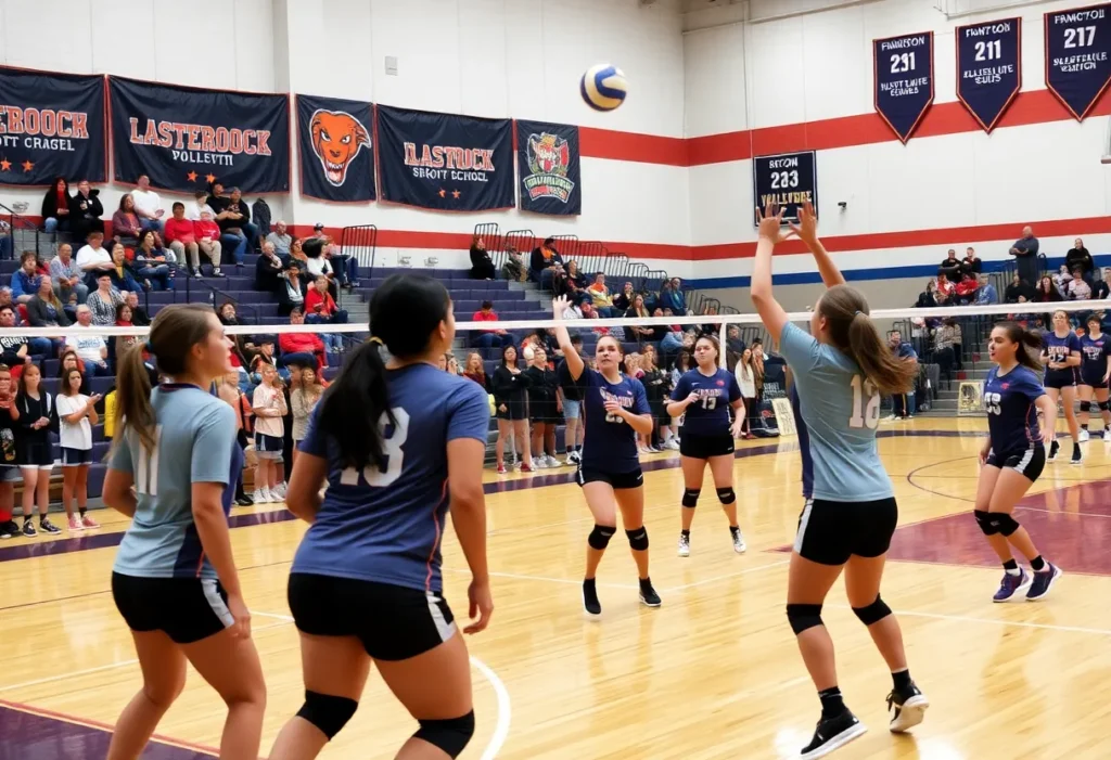 Volleyball players competing in a high school match