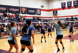 Volleyball players competing in a high school match