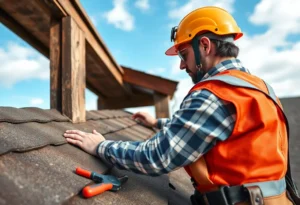 Person inspecting a roof for common DIY mistakes while wearing safety gear.