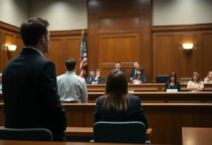 Courtroom during a juvenile hearing, focusing on serious atmosphere.