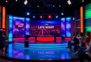 The set of a late-night show with colorful lights and an engaged audience.
