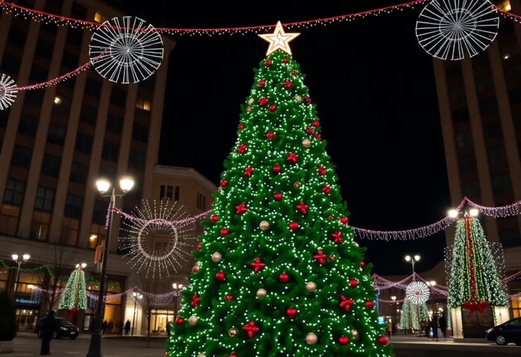 A large evergreen Christmas tree illuminated with colorful lights in Penn Square during the holiday season.