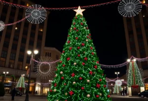 A large evergreen Christmas tree illuminated with colorful lights in Penn Square during the holiday season.