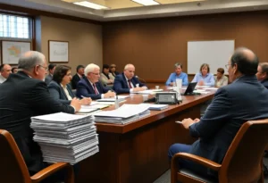 Commissioners discussing Lancaster County budget issues in a meeting