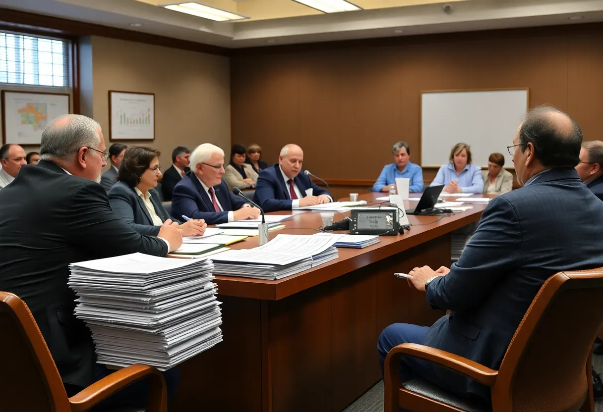 Commissioners discussing Lancaster County budget issues in a meeting