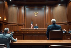 Courtroom scene in Lancaster County with a judge presiding