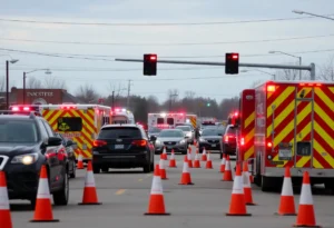 Emergency vehicles at a traffic accident site in Lancaster County