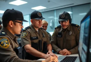 Law enforcement officers monitoring online activity to protect minors.