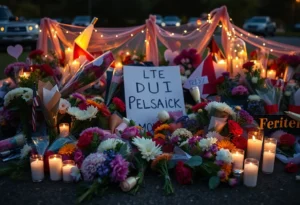 Memorial for a tragic DUI accident with flowers and candles