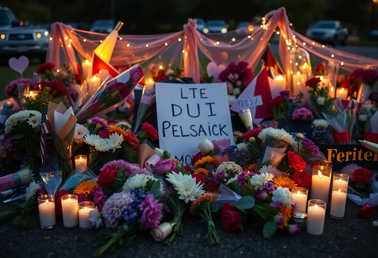 Memorial for a tragic DUI accident with flowers and candles