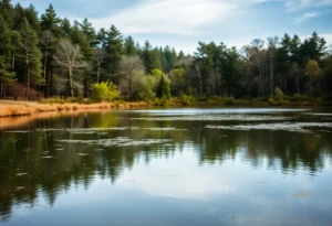 A peaceful pond surrounded by trees symbolizing missing persons cases.
