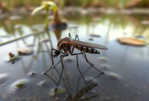 Close-up of a mosquito in a natural environment with vegetation