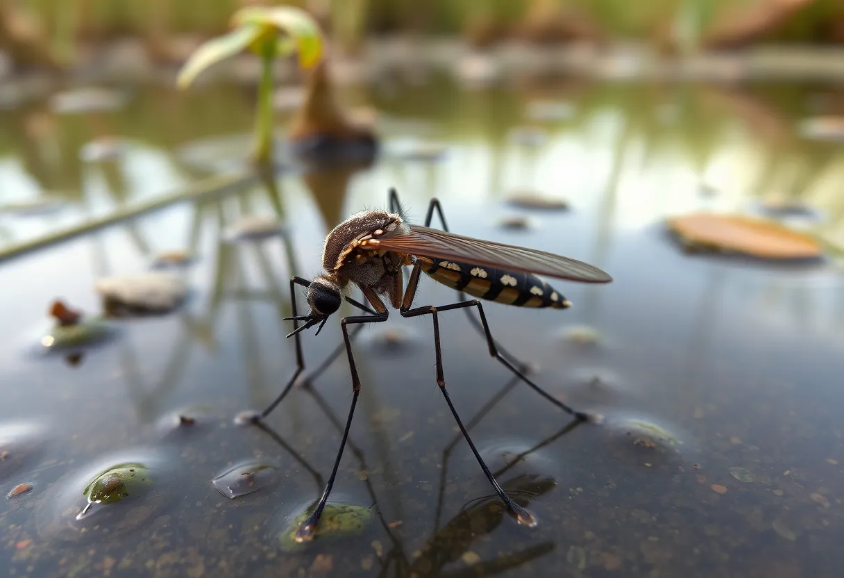 Close-up of a mosquito in a natural environment with vegetation