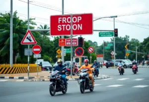 Motorcycle at a busy intersection with traffic signs