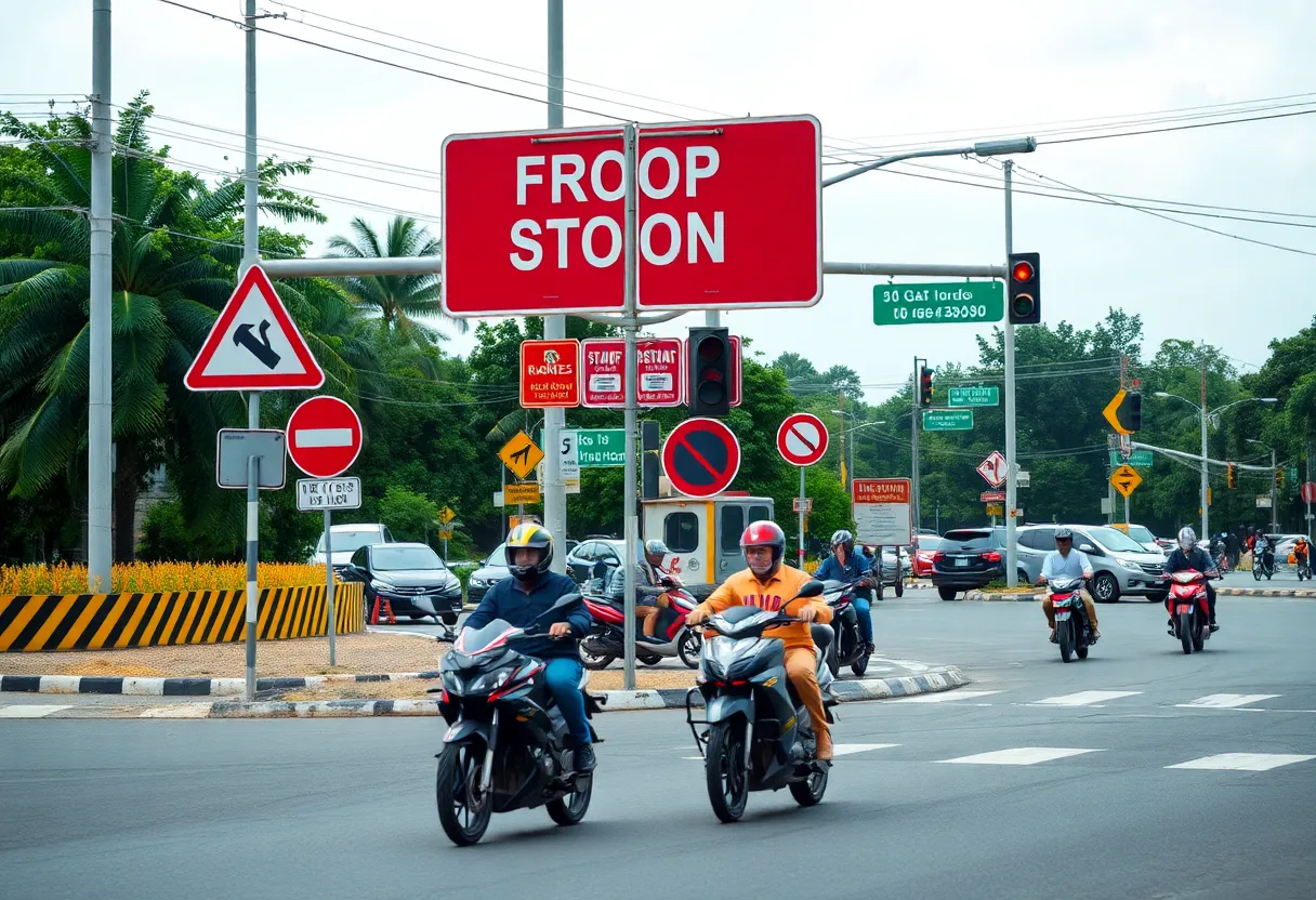 Motorcycle at a busy intersection with traffic signs