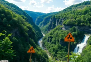 View of Neversink River with warning signs