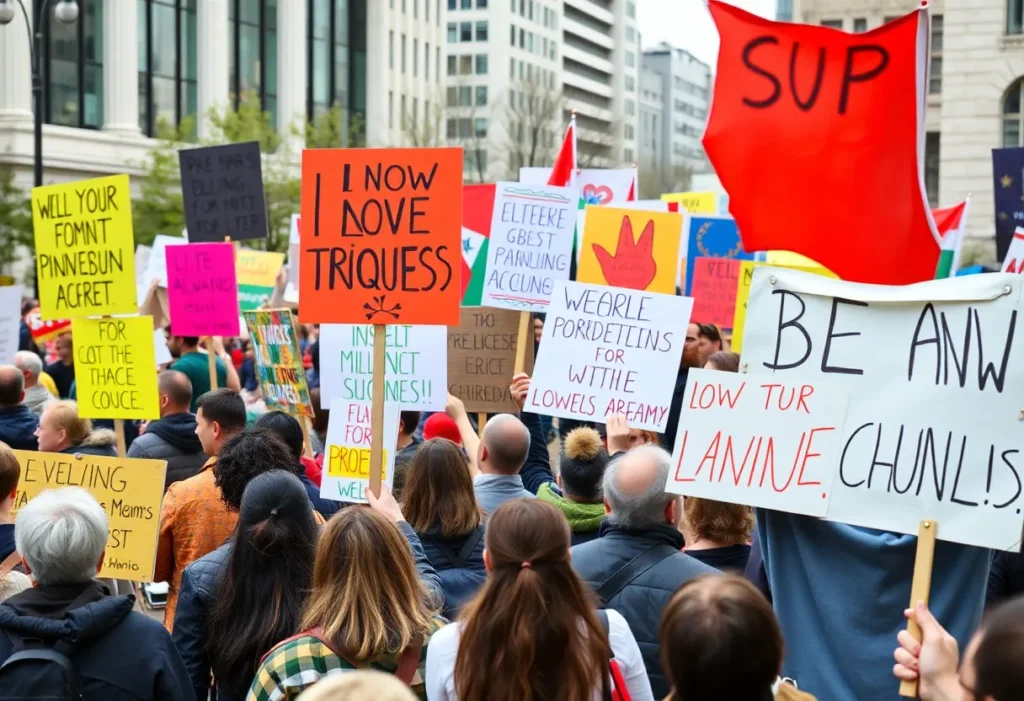 Demonstrators at the No Kings protests in Charlotte holding signs.