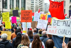 Demonstrators at the No Kings protests in Charlotte holding signs.