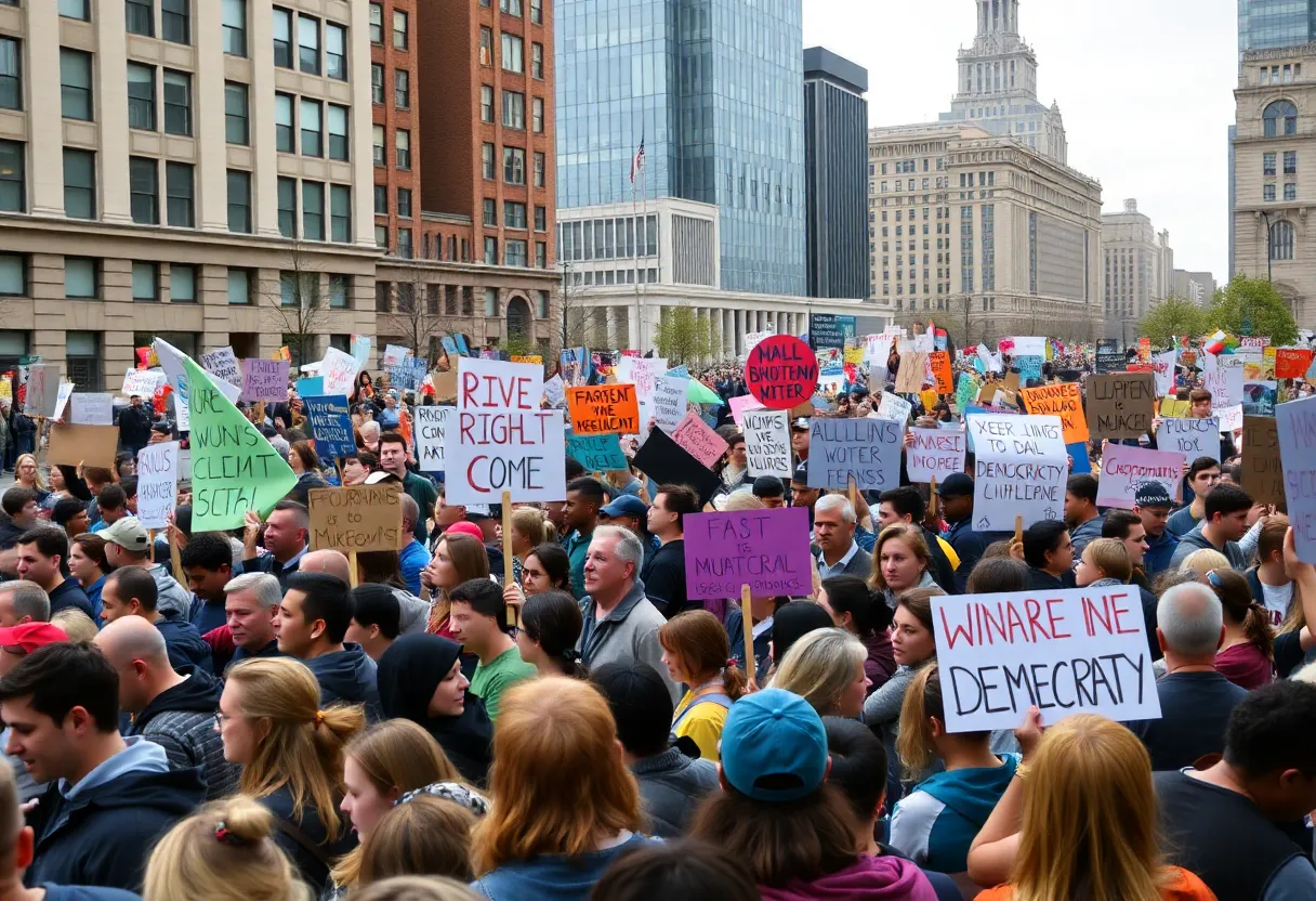 Protesters at the No Kings Rally in Charlotte holding signs.