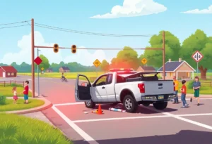 Scene of a pickup truck crash with emergency responders and traffic signs