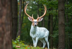 A rare piebald buck with a distinctive almost all-white coat in a natural forest environment.