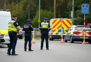 Police officers at a road closure in Columbia Borough