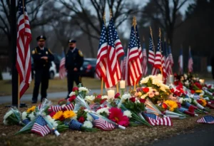 Memorial site for police officers with flowers and flags