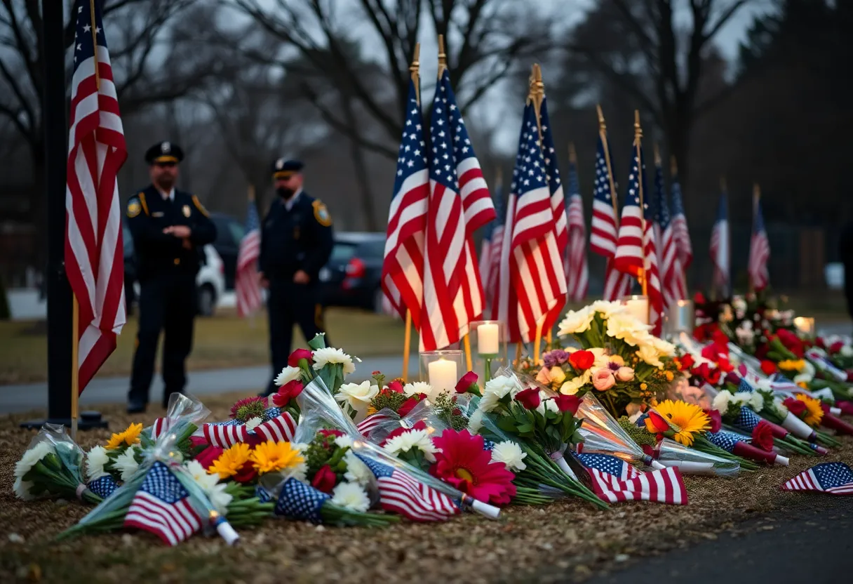 Memorial site for police officers with flowers and flags