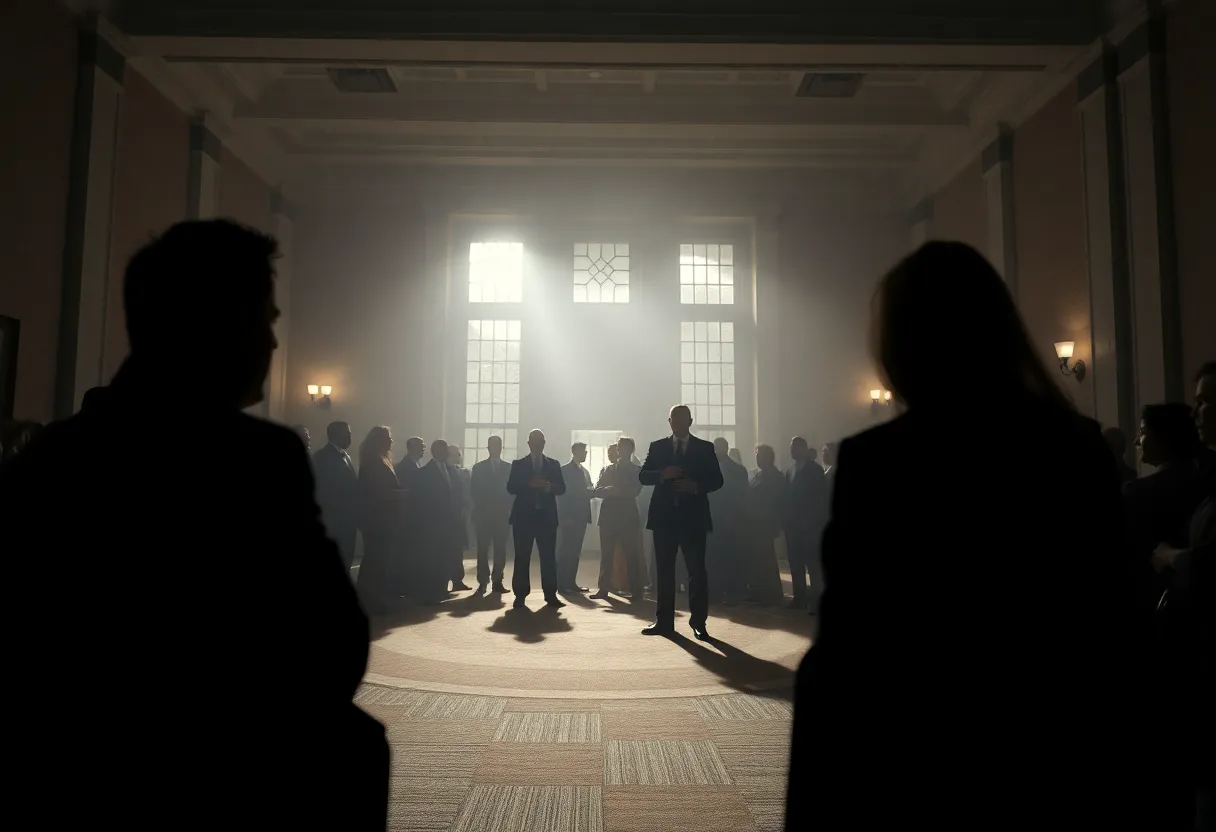 A dramatic representation of political tension following an assassination.