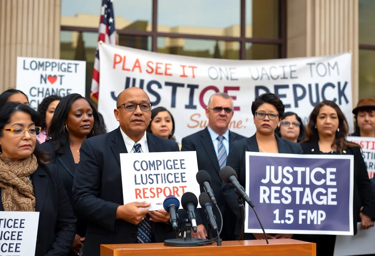 Families rallying for judicial reform at a press conference.