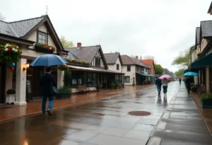 Overcast sky and puddles on a sidewalk in Rock Hill, SC