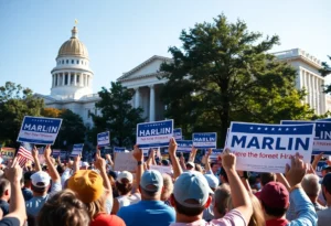 A crowd at a political rally in South Carolina with campaign signs.