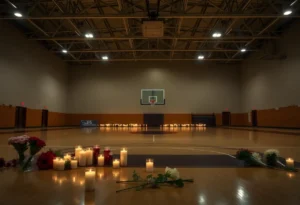 Memorial setup for Joey Williams at a basketball court