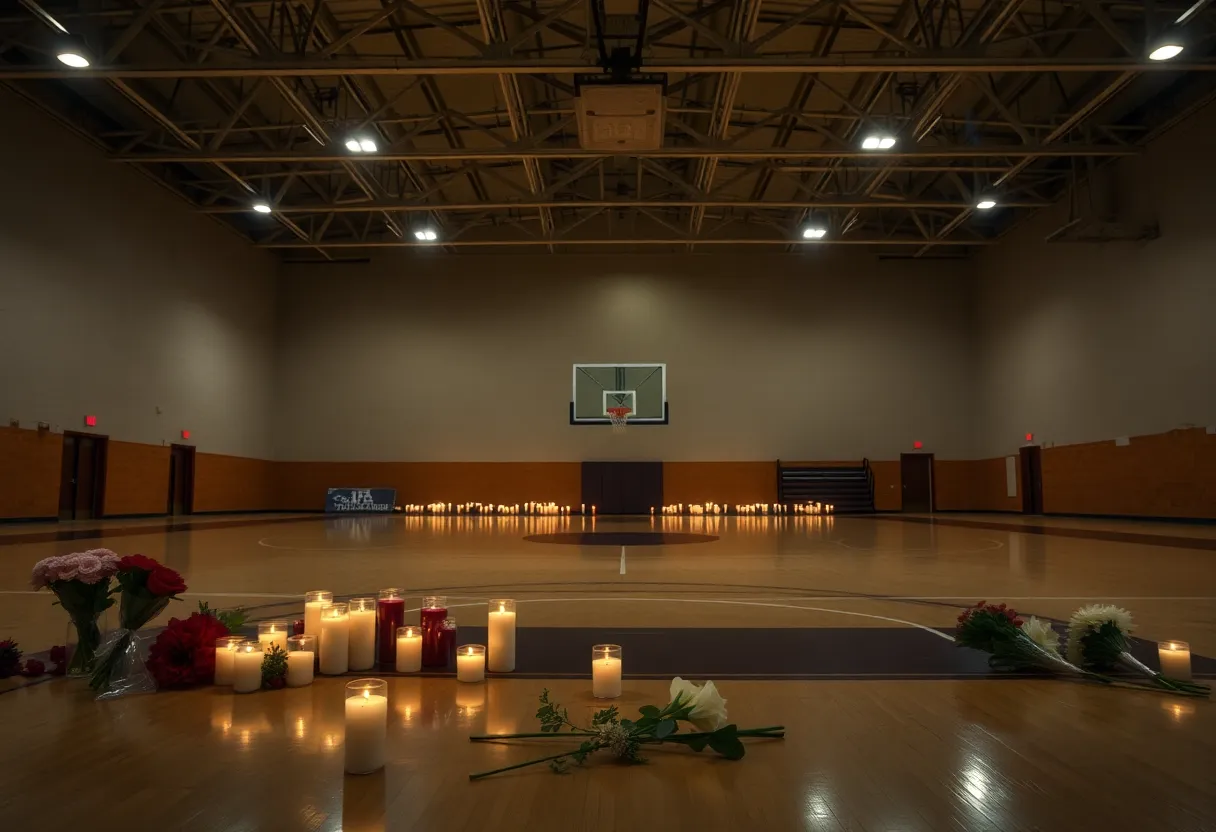Memorial setup for Joey Williams at a basketball court