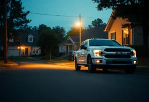 Quiet street in Rock Hill, SC, with a residential home and a White Ford F-150 truck parked nearby.