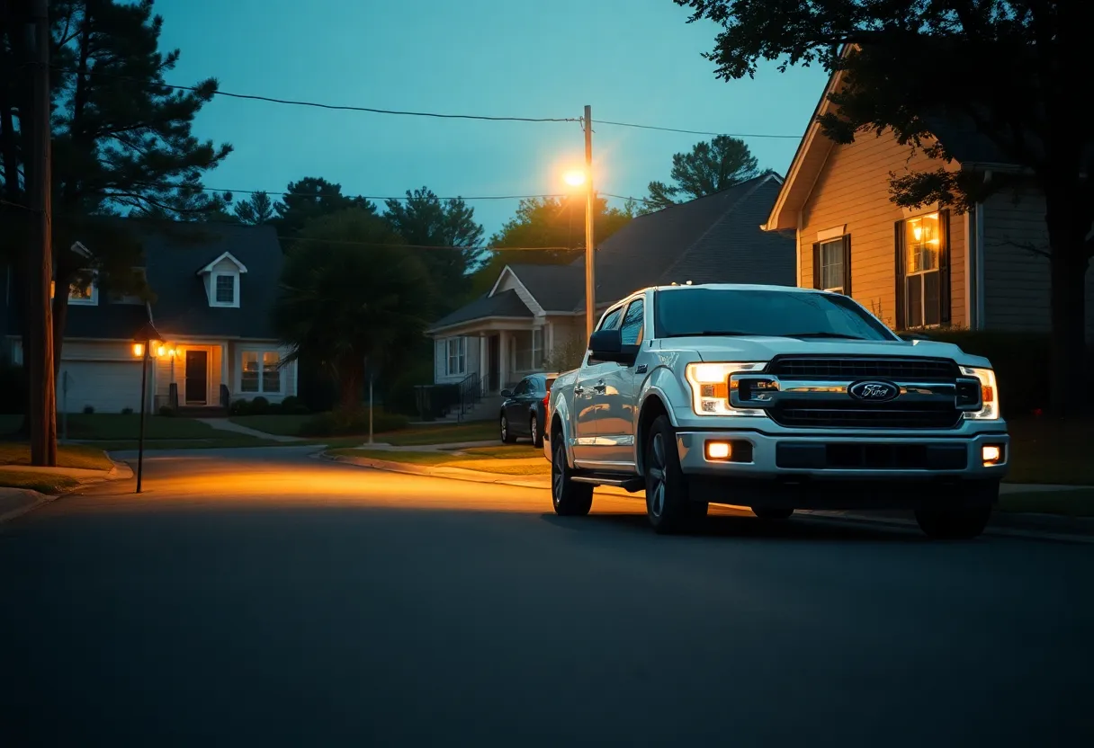 Quiet street in Rock Hill, SC, with a residential home and a White Ford F-150 truck parked nearby.