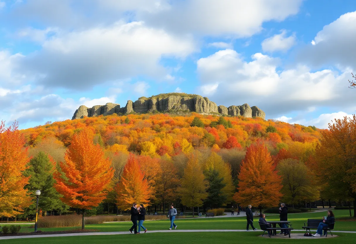 Scenic view of Rock Hill in autumn with people enjoying outdoor activities.