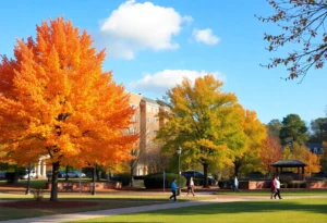 Colorful autumn scenery in Rock Hill SC with clear skies and people enjoying outdoor activities.