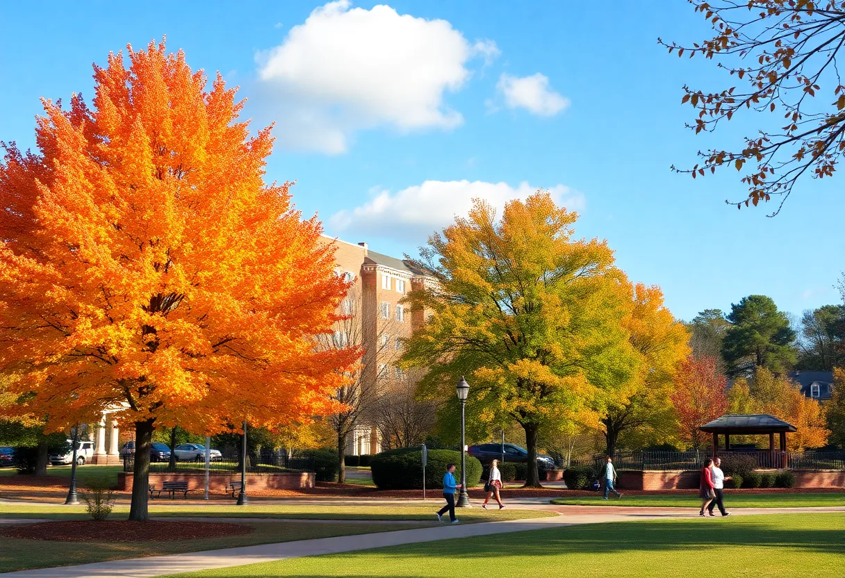 Colorful autumn scenery in Rock Hill SC with clear skies and people enjoying outdoor activities.