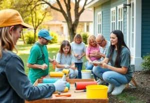 Volunteers working on a home restoration project in a park setting