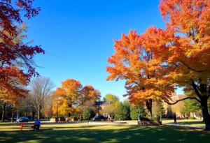 A picturesque park scene in Rock Hill, South Carolina, during a perfect October day with clear skies.