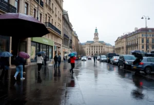 People walking with umbrellas on a rainy day in Rock Hill