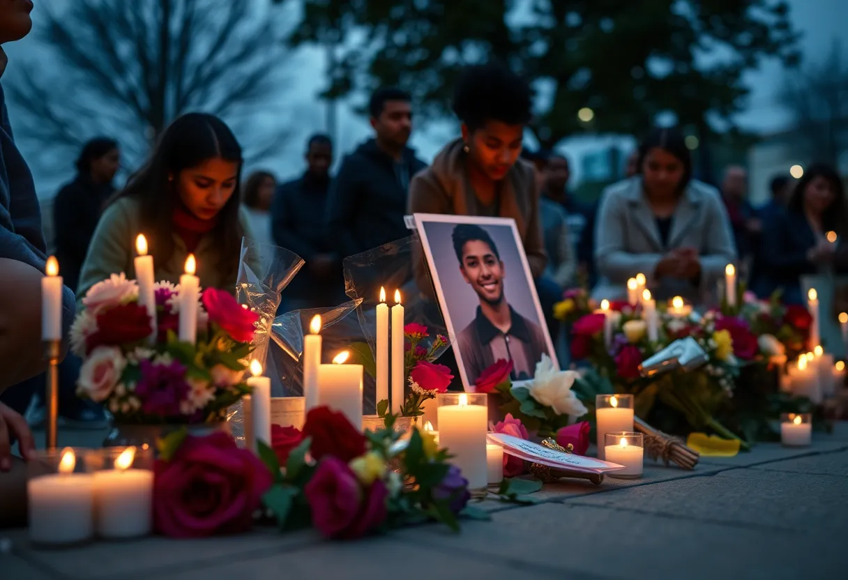 Memorial site with candles and flowers for a shooting victim