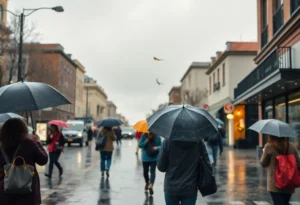 View of a rainy day in Rock Hill, South Carolina with people using umbrellas.