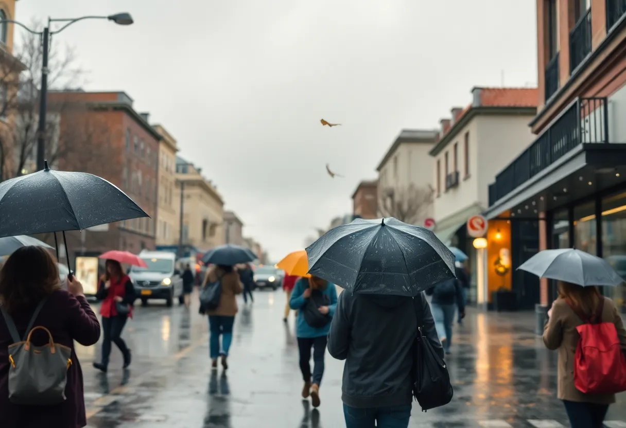 View of a rainy day in Rock Hill, South Carolina with people using umbrellas.