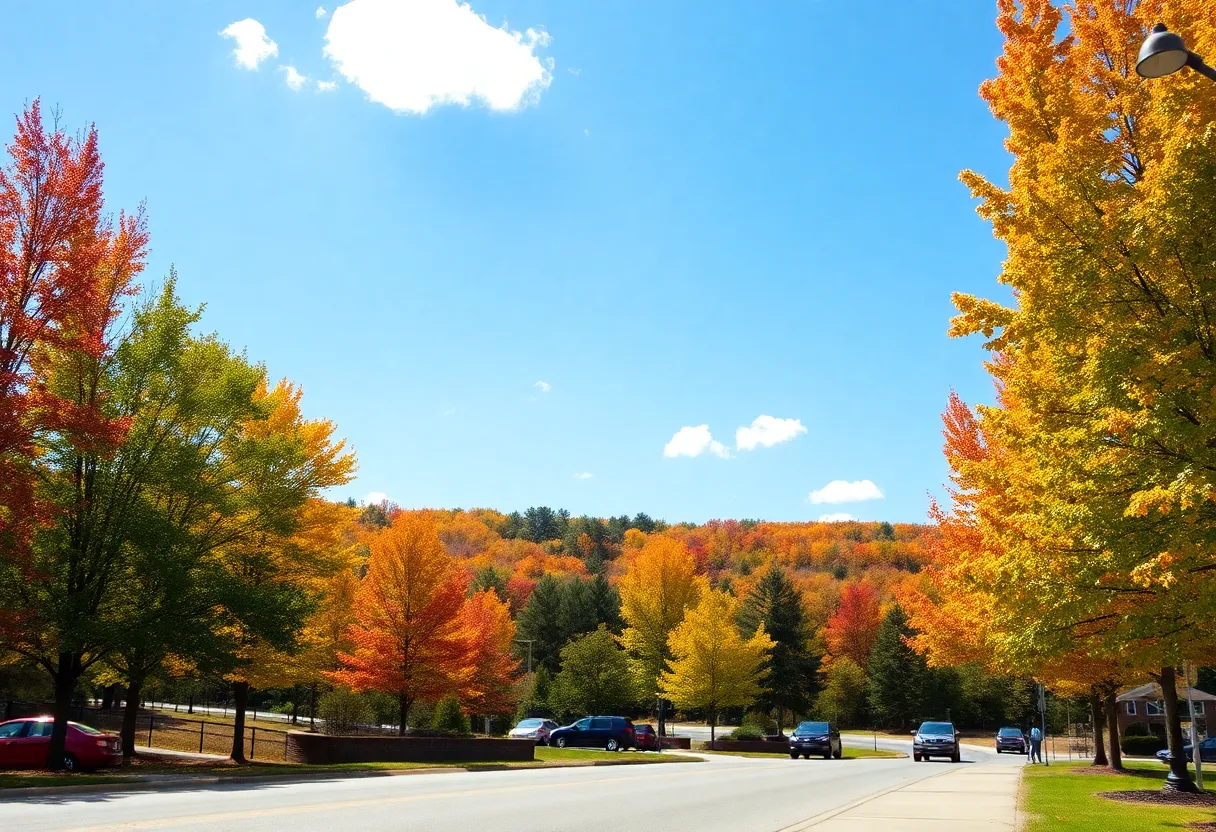 Bright and sunny weather in Rock Hill, SC with clear skies and autumn foliage