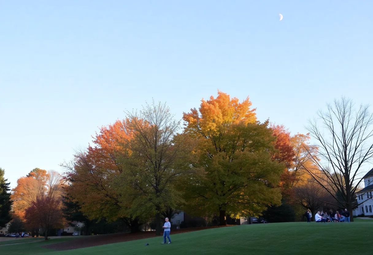 A beautiful autumn day in Rock Hill, SC, with clear skies and people enjoying the outdoors.